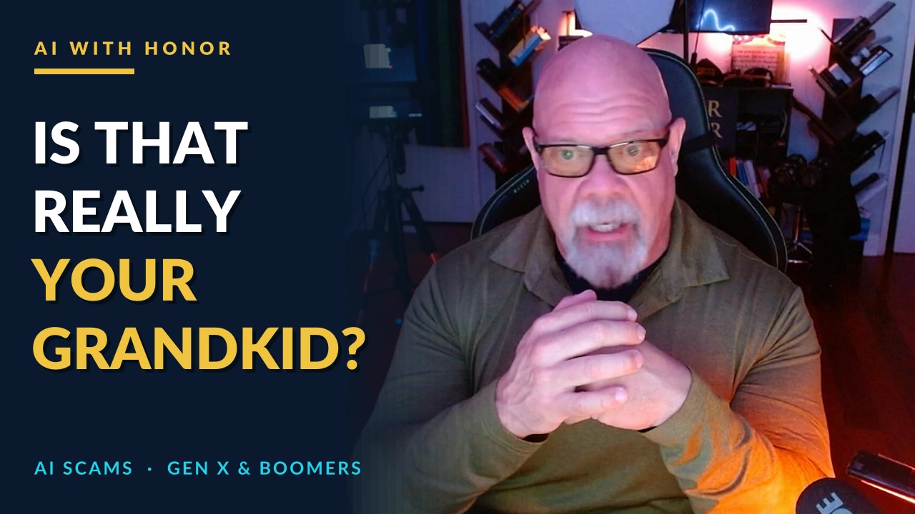 Connor MacIvor live on camera in his studio, glasses on, hands steepled, beside the words Is That Really Your Grandkid? and the AI With Honor mark